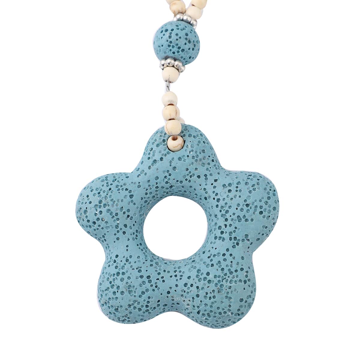 Multi Color Lava, White and Blue Howlite Beaded Necklace with Flower Charm 28 Inches in Silvertone 233.00 ctw image number 0