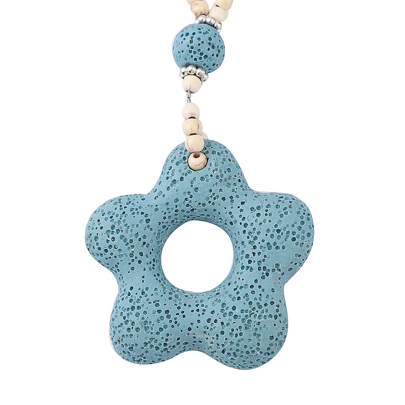 Multi Color Lava, Constituted White and Blue Howlite Beaded Necklace with Flower Charm 28 Inches in Silvertone 233.00 ctw