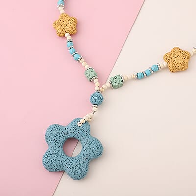 Multi Color Lava, Constituted White and Blue Howlite Beaded Necklace with Flower Charm 28 Inches in Silvertone 233.00 ctw