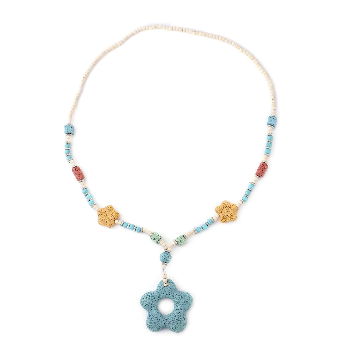 Multi Color Lava, Freshened White and Blue Howlite Beaded Necklace with Flower Charm 28 Inches in Silvertone 233.00 ctw image number 2