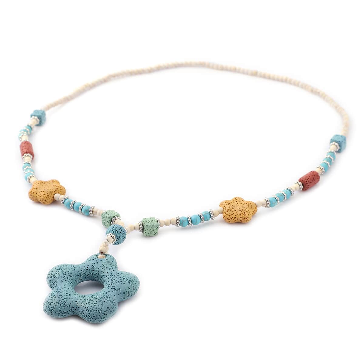 Multi Color Lava, White and Blue Howlite Beaded Necklace with Flower Charm 28 Inches in Silvertone 233.00 ctw image number 3