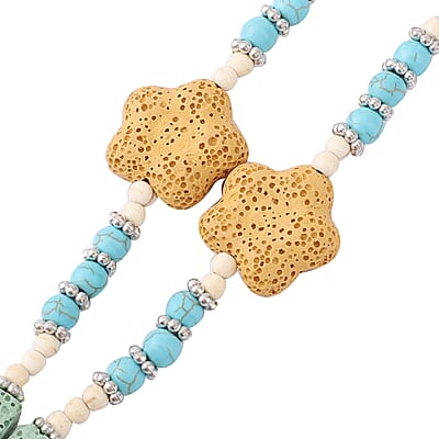 Multi Color Lava, Constituted White and Blue Howlite Beaded Necklace with Flower Charm 28 Inches in Silvertone 233.00 ctw