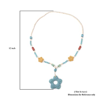 Multi Color Lava, Constituted White and Blue Howlite Beaded Necklace with Flower Charm 28 Inches in Silvertone 233.00 ctw