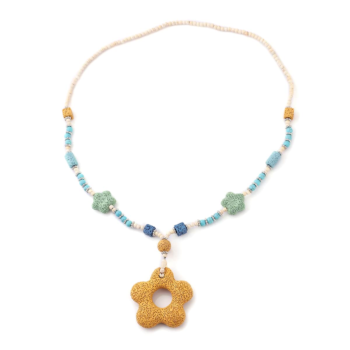 Multi Color Lava, Freshened White and Blue Howlite Beaded Necklace with Flower Charm 28 Inches in Silvertone 243.00 ctw image number 0