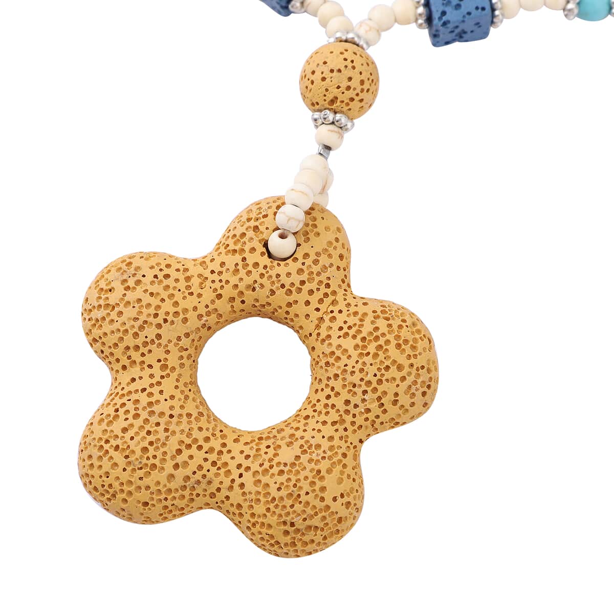 Multi Color Lava, Freshened White and Blue Howlite Beaded Necklace with Flower Charm 28 Inches in Silvertone 243.00 ctw image number 2