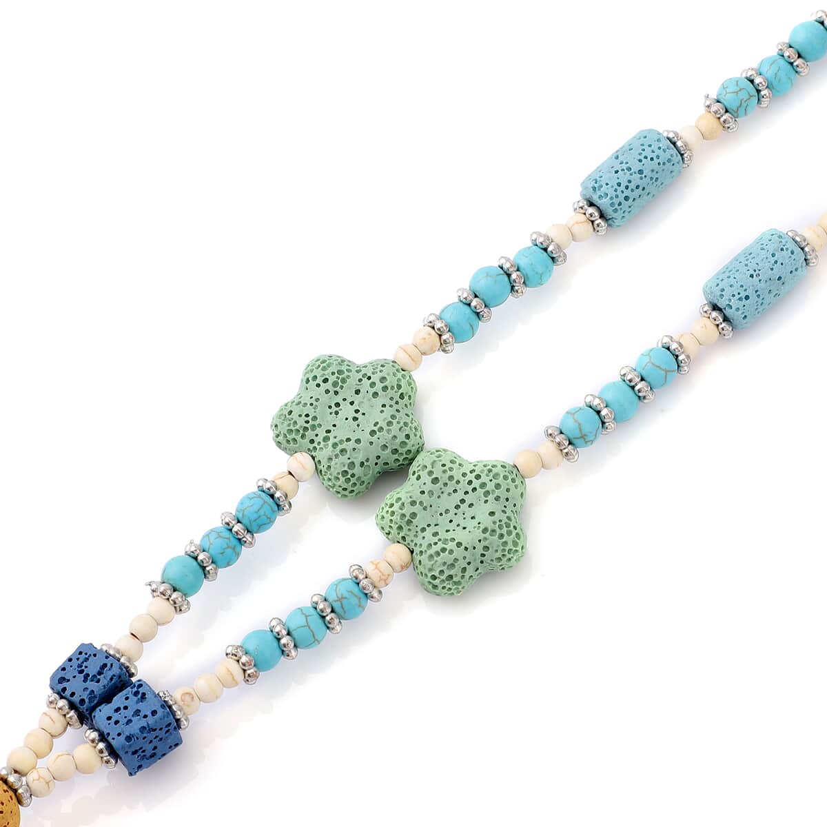 Multi Color Lava, Freshened White and Blue Howlite Beaded Necklace with Flower Charm 28 Inches in Silvertone 243.00 ctw image number 3