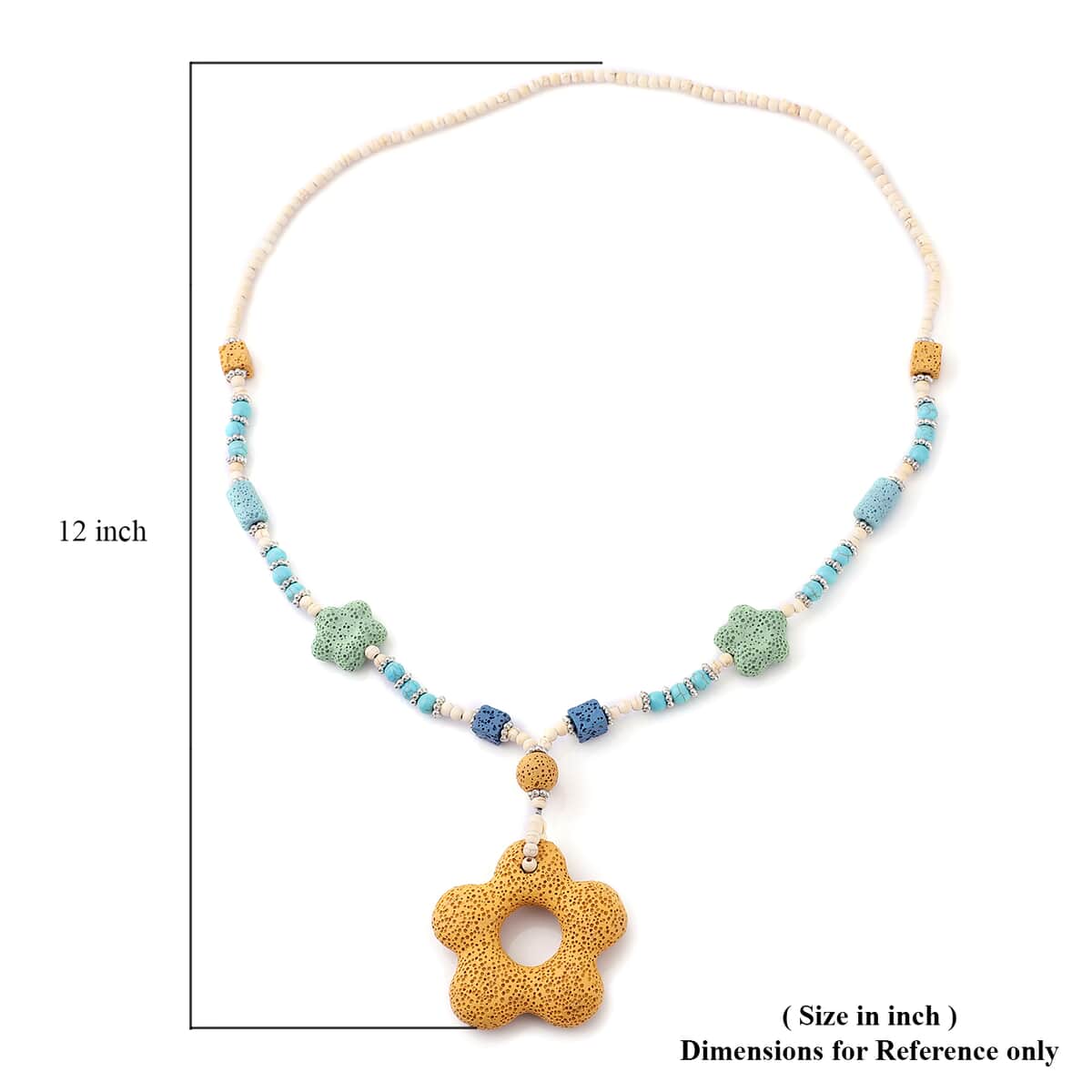 Multi Color Lava, Freshened White and Blue Howlite Beaded Necklace with Flower Charm 28 Inches in Silvertone 243.00 ctw image number 4