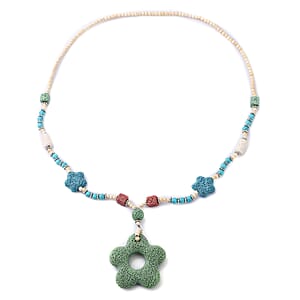 Multi Color Lava, Freshened White and Blue Howlite Beaded Necklace with Flower Charm 28 Inches in Silvertone 228.50 ctw