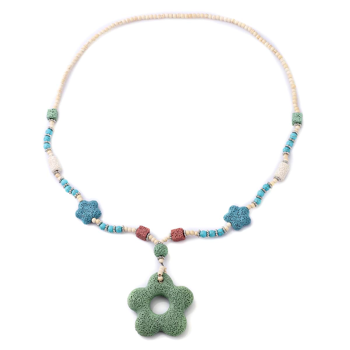 Multi Color Lava, Freshened White and Blue Howlite Beaded Necklace with Flower Charm 28 Inches in Silvertone 228.50 ctw image number 0