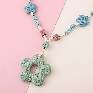 Multi Color Lava, Freshened White and Blue Howlite Beaded Necklace with Flower Charm 28 Inches in Silvertone 228.50 ctw