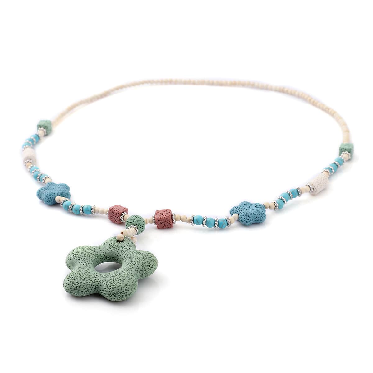 Multi Color Lava, Freshened White and Blue Howlite Beaded Necklace with Flower Charm 28 Inches in Silvertone 228.50 ctw image number 2