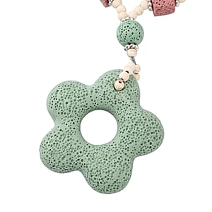 Multi Color Lava, Freshened White and Blue Howlite Beaded Necklace with Flower Charm 28 Inches in Silvertone 228.50 ctw