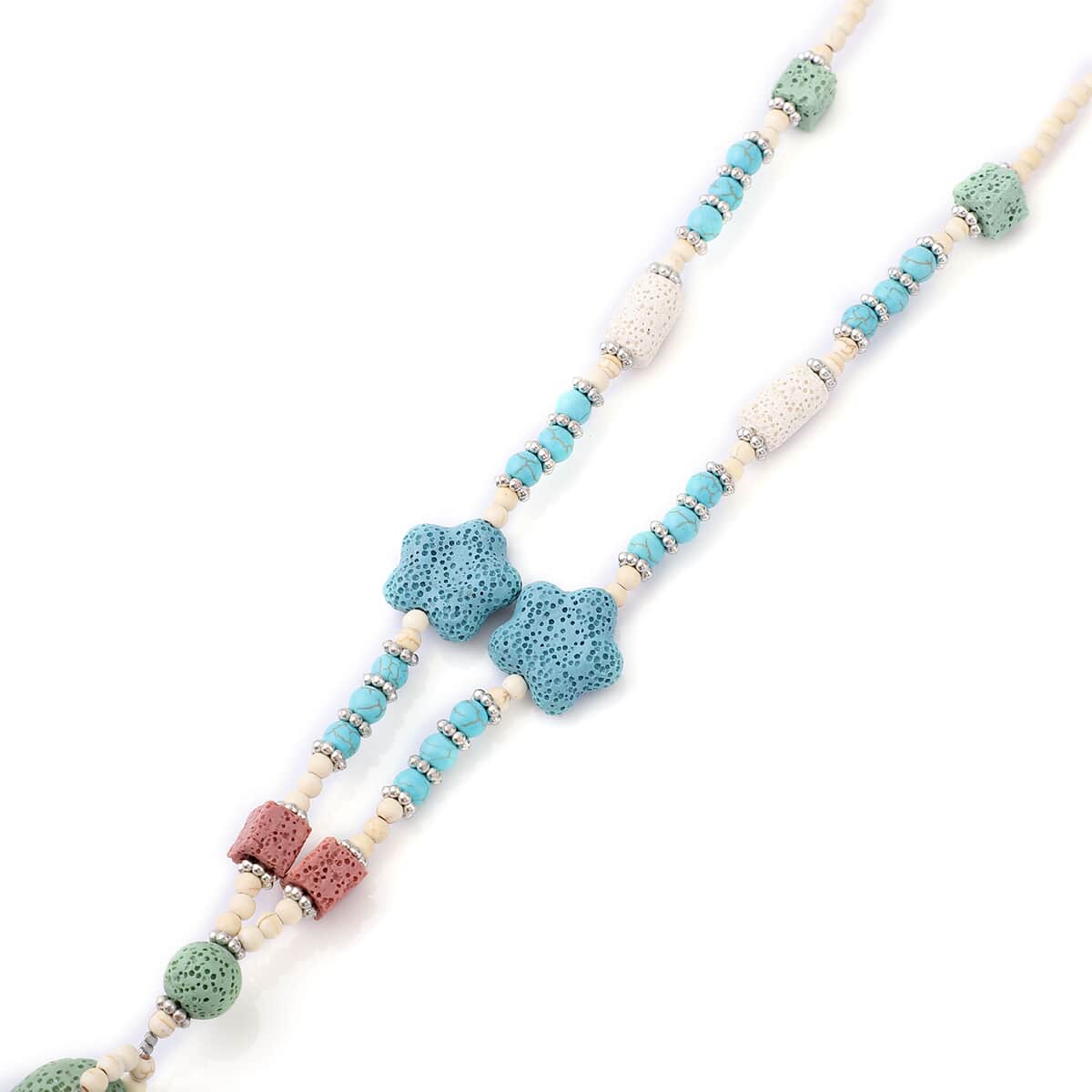 Multi Color Lava, Freshened White and Blue Howlite Beaded Necklace with Flower Charm 28 Inches in Silvertone 228.50 ctw image number 4