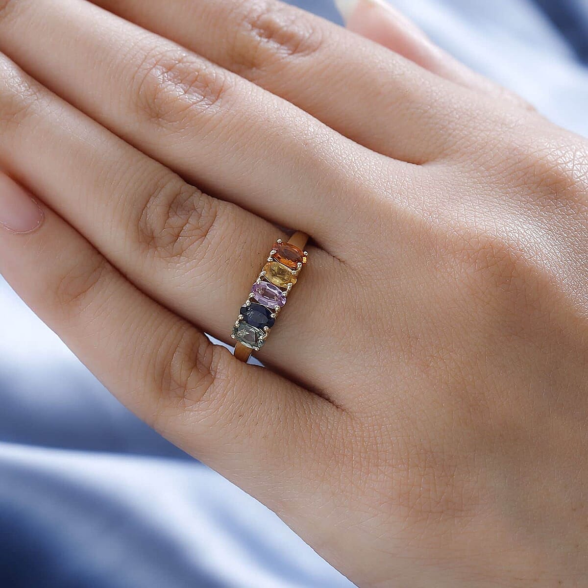 Luxoro 10K Yellow Gold Premium Multi Sapphire 5 Stone Rainbow Ring (Size 7.0) 1.60 ctw image number 2