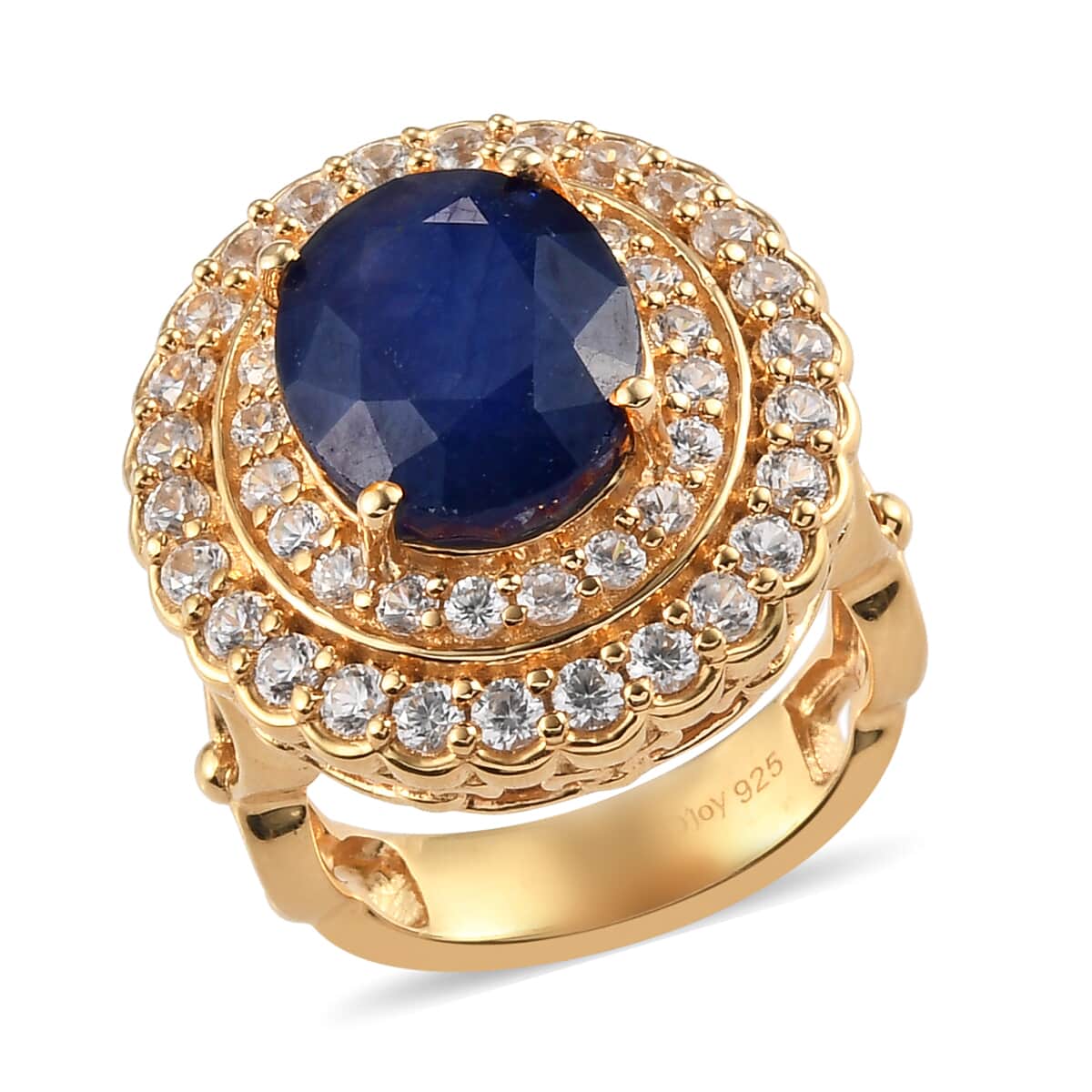 Masoala Sapphire and Zircon Double Halo Ring in Vermeil Yellow Gold Over Sterling Silver (Size 7.0) 8.60 Grams 9.30 ctw image number 0