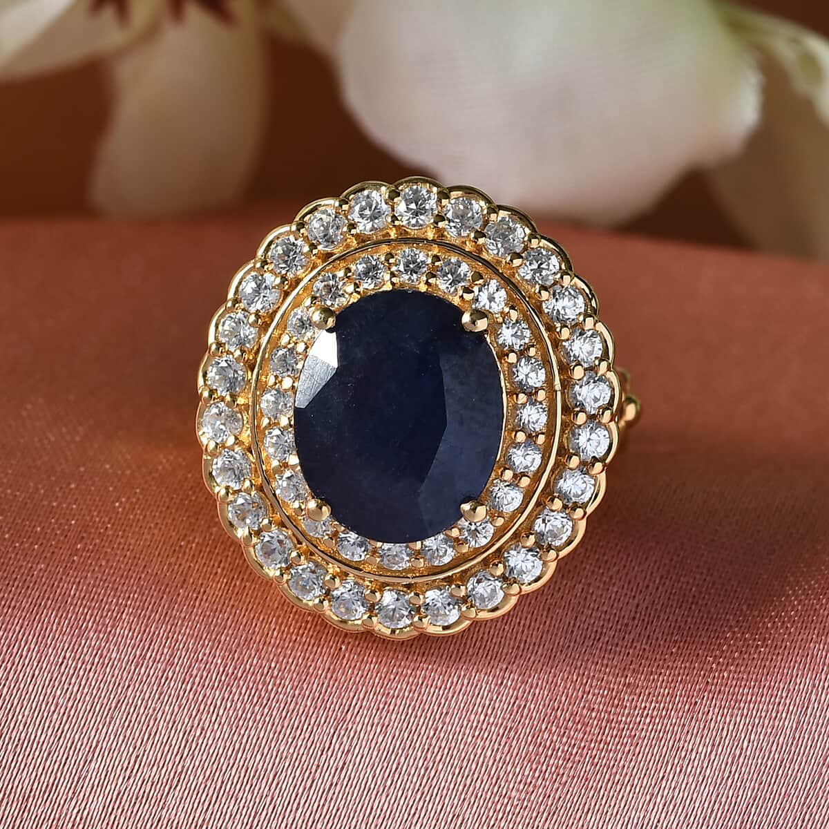 Masoala Sapphire and Zircon Double Halo Ring in Vermeil Yellow Gold Over Sterling Silver (Size 7.0) 8.60 Grams 9.30 ctw image number 1