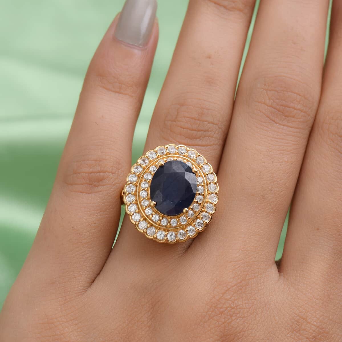 Masoala Sapphire and Zircon Double Halo Ring in Vermeil Yellow Gold Over Sterling Silver (Size 7.0) 8.60 Grams 9.30 ctw image number 2