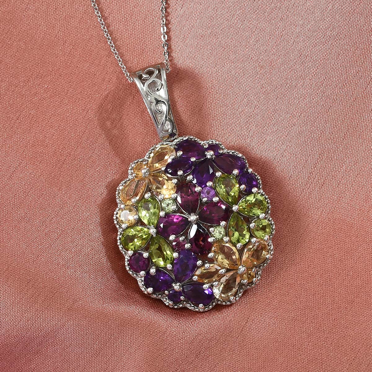Multi Gemstone Cocktail Pendant Necklace 20 Inches in Platinum Over Sterling Silver 21.35 ctw image number 1