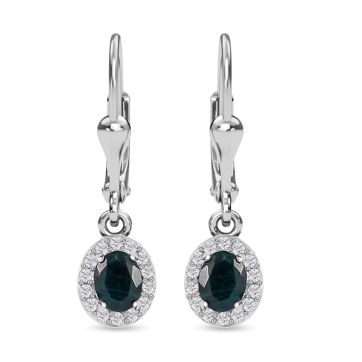 Teal Grandidierite White Zircon Earrings in Platinum Over Sterling Silver, Zircon Lever Back Earrings, Halo Earrings, Grandidierite Dangle Earrings 1.00 ctw image number 0