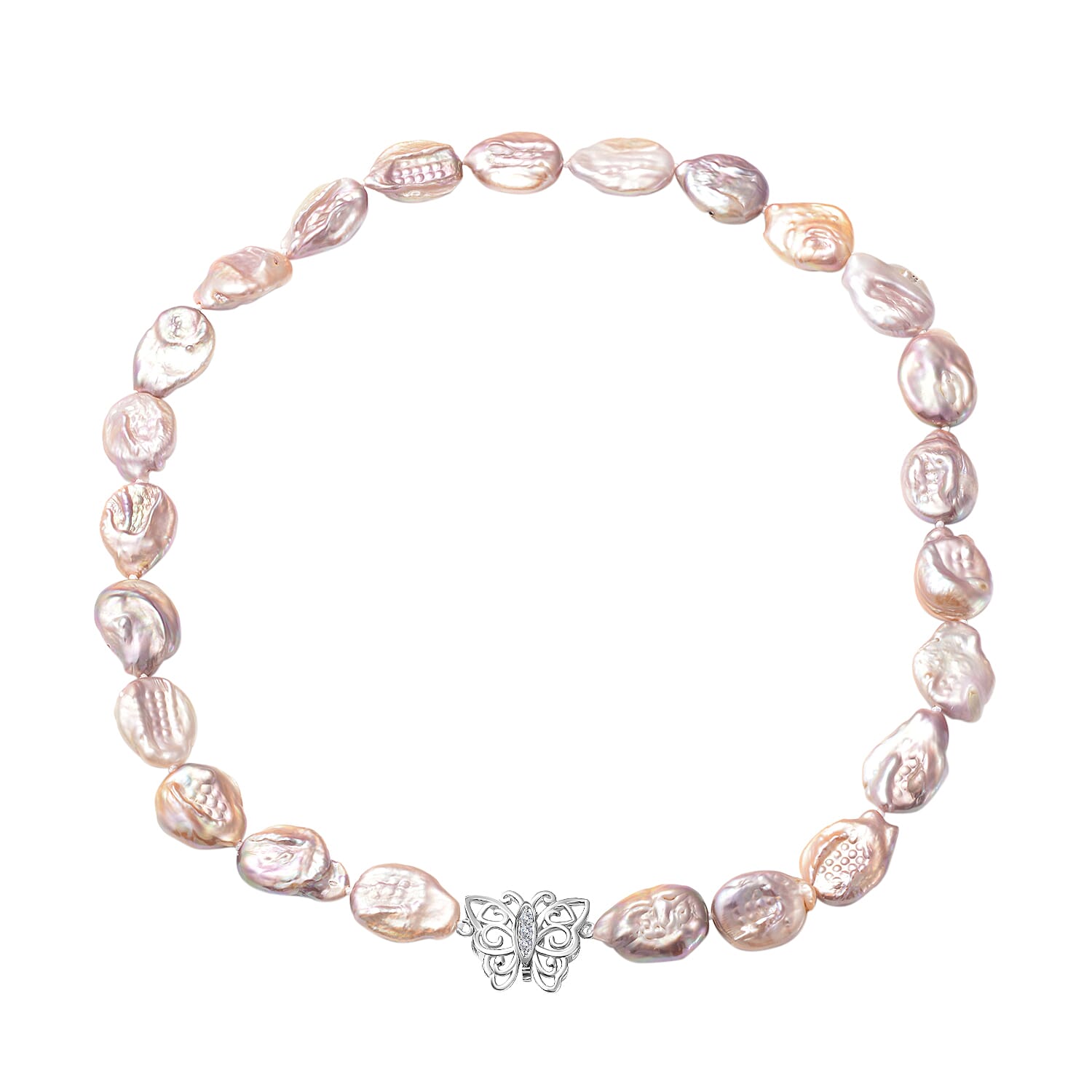 Multi Color Keshi Pearl and White Zircon Butterfly Necklace in Rhodium Over Sterling Silver 20 Inches