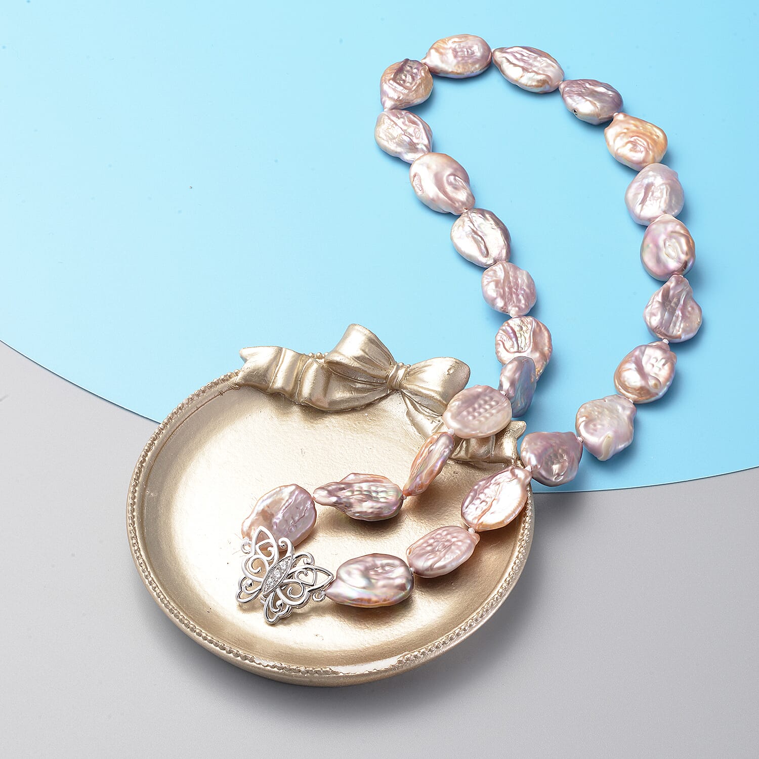 Multi Color Keshi Pearl and White Zircon Butterfly Necklace in Rhodium Over Sterling Silver 20 Inches