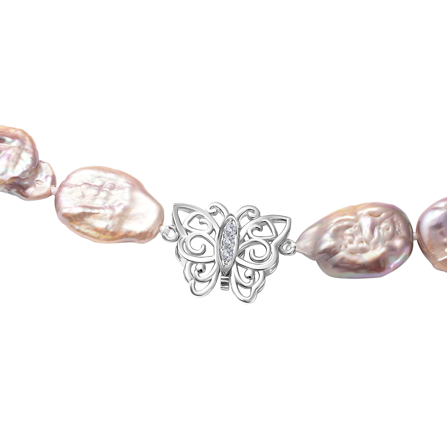 Multi Color Keshi Pearl and White Zircon Butterfly Necklace in Rhodium Over Sterling Silver 20 Inches