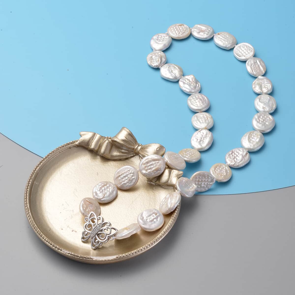 Mother’s Day Gift White Coin Freshwater Cultured Pearl, White Zircon Butterfly Necklace (20 Inches) in Rhodium Over Sterling Silver 0.10 ctw image number 1