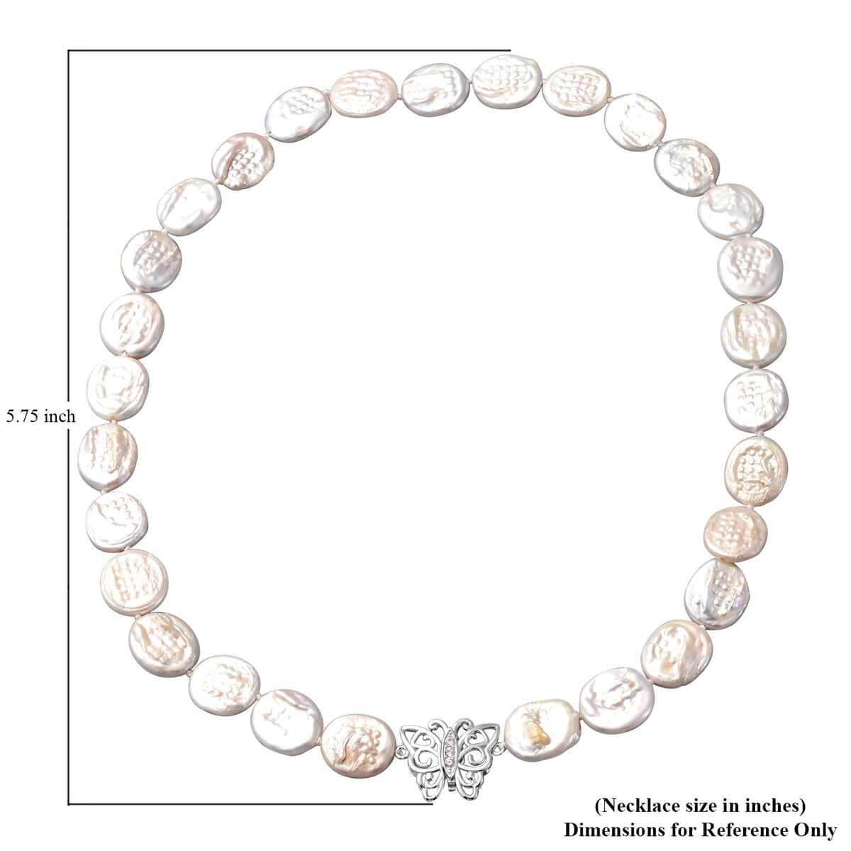 Mother’s Day Gift White Coin Freshwater Cultured Pearl, White Zircon Butterfly Necklace (20 Inches) in Rhodium Over Sterling Silver 0.10 ctw image number 4
