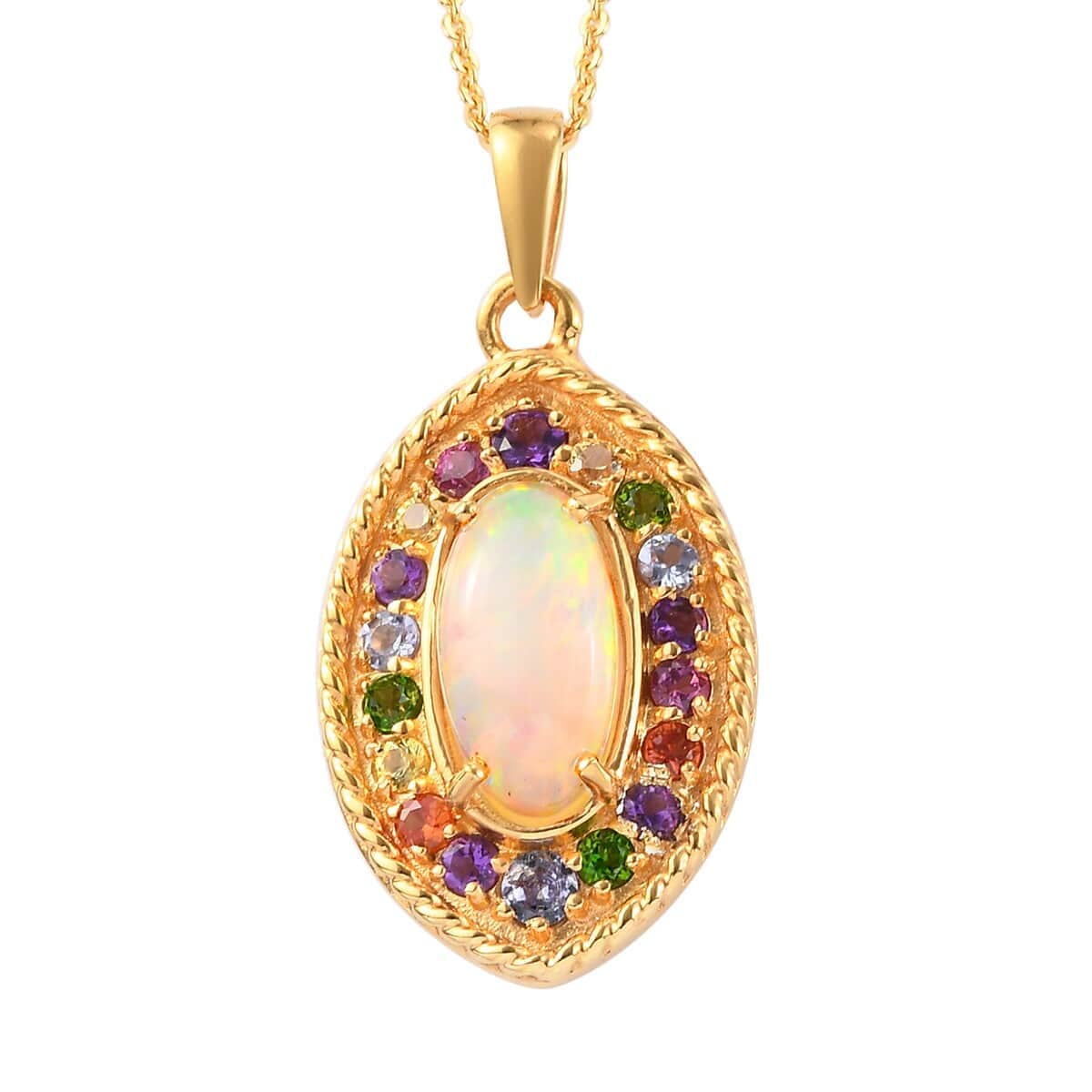 Ethiopian Welo Opal and Multi Gemstone Halo Pendant Necklace 20 Inches in Vermeil Yellow Gold Over Sterling Silver 2.30 ctw image number 0