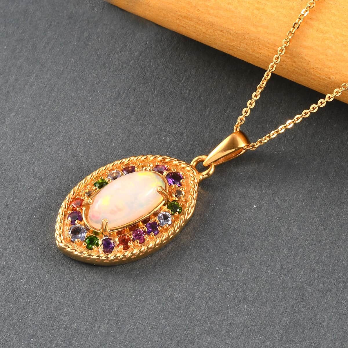 Ethiopian Welo Opal and Multi Gemstone Halo Pendant Necklace 20 Inches in Vermeil Yellow Gold Over Sterling Silver 2.30 ctw image number 1