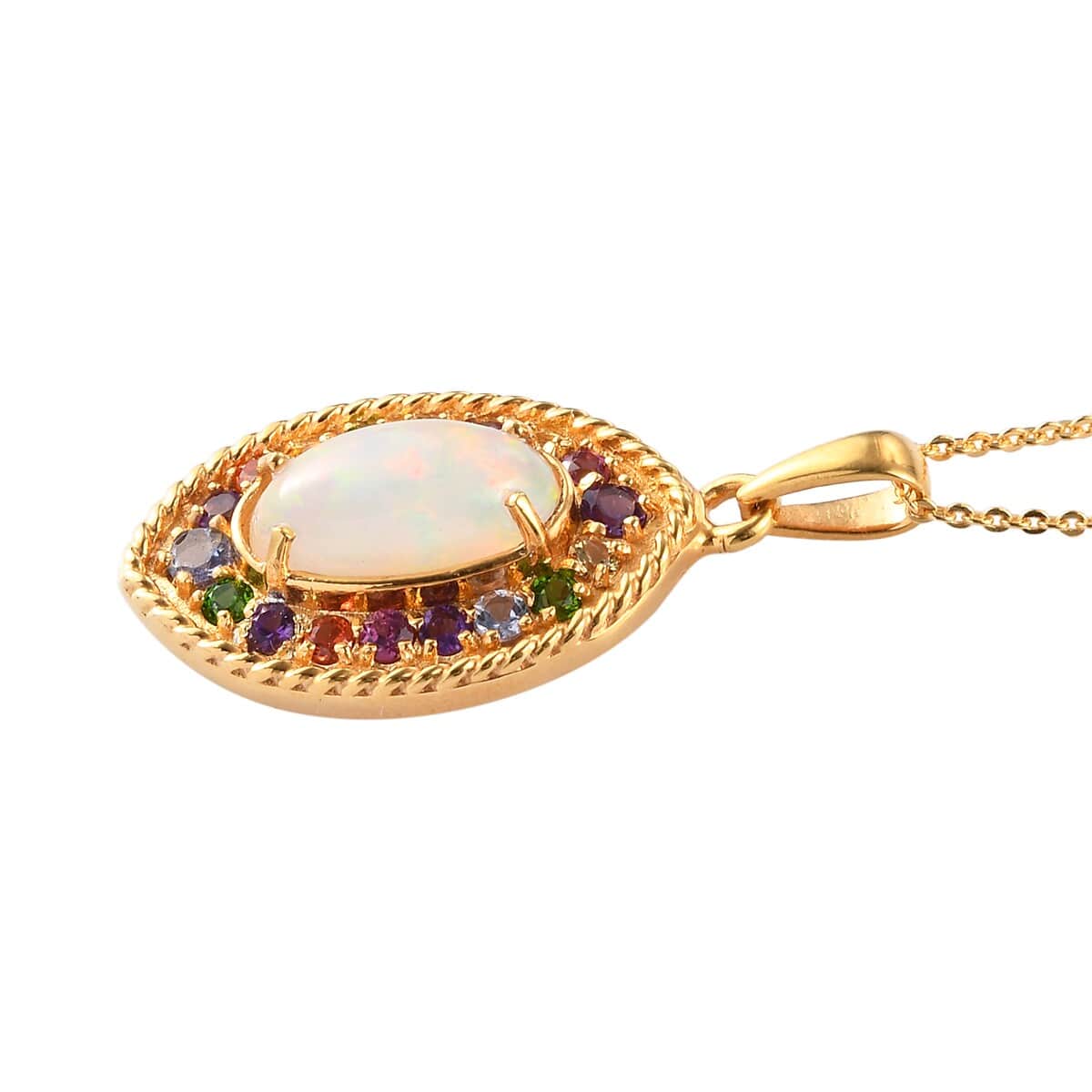 Ethiopian Welo Opal and Multi Gemstone Halo Pendant Necklace 20 Inches in Vermeil Yellow Gold Over Sterling Silver 2.30 ctw image number 3