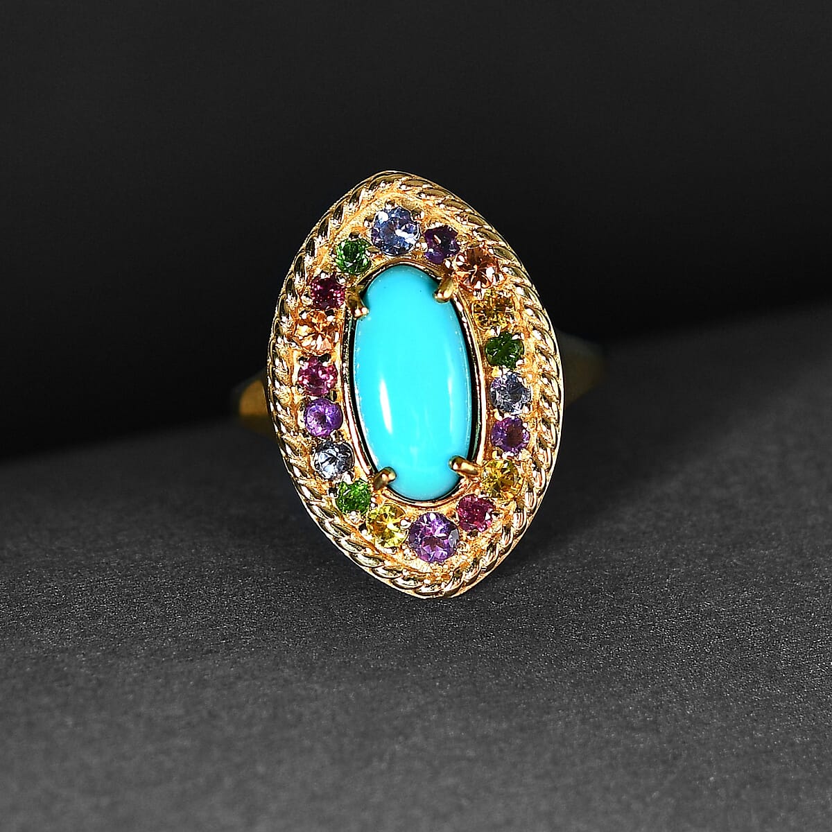 AMERICAN Natural Sleeping Beauty Turquoise and Multi Gemstone Halo Ring in Vermeil Yellow Gold Over Sterling Silver (Size 9.0) 2.40 ctw image number 1