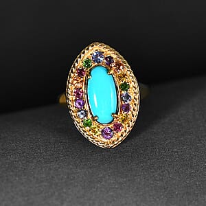 AMERICAN Natural Sleeping Beauty Turquoise and Multi Gemstone Halo Ring in Vermeil Yellow Gold Over Sterling Silver (Size 9.0) 2.40 ctw