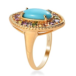 AMERICAN Natural Sleeping Beauty Turquoise and Multi Gemstone Halo Ring in Vermeil Yellow Gold Over Sterling Silver (Size 9.0) 2.40 ctw