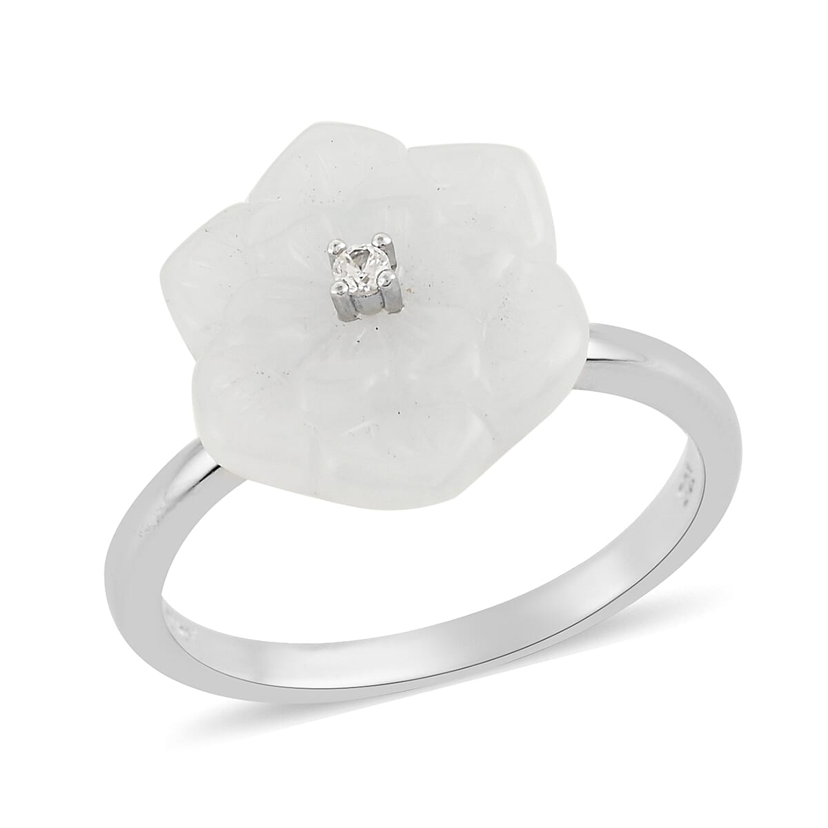Jardin Collection White Jade Carved Floral and White Zircon Ring in Rhodium Over Sterling Silver (Size 10.0) 9.50 ctw