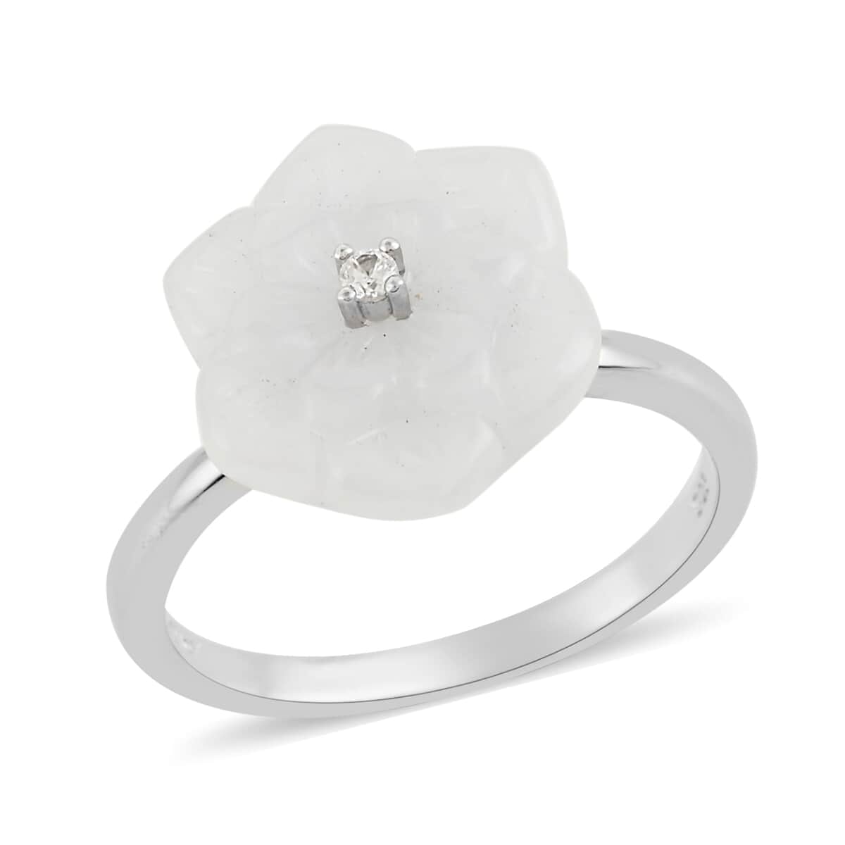 JARDIN COLLECTION 9.50 ctw White Jade Carved Floral and White Zircon Ring in Rhodium Over Sterling Silver image number 0