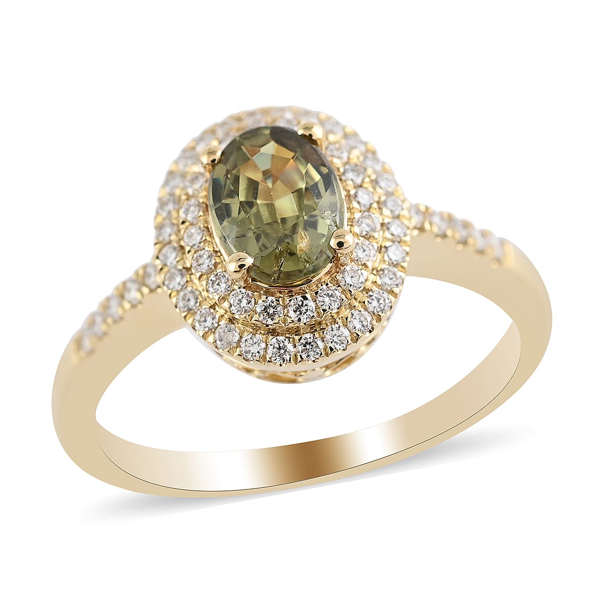 Iliana 18K Yellow Gold AAA Ambanja Demantoid Garnet and G-H SI Diamond Double Halo Ring (Size 10.0) 4.45 Grams 1.25 ctw