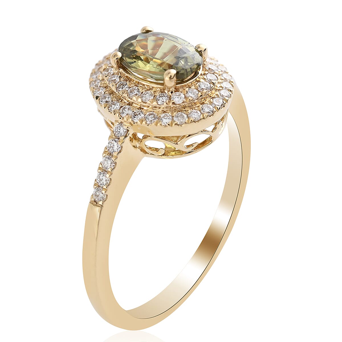 Iliana 18K Yellow Gold AAA Ambanja Demantoid Garnet and G-H SI Diamond Double Halo Ring (Size 10.0) 4.45 Grams 1.25 ctw