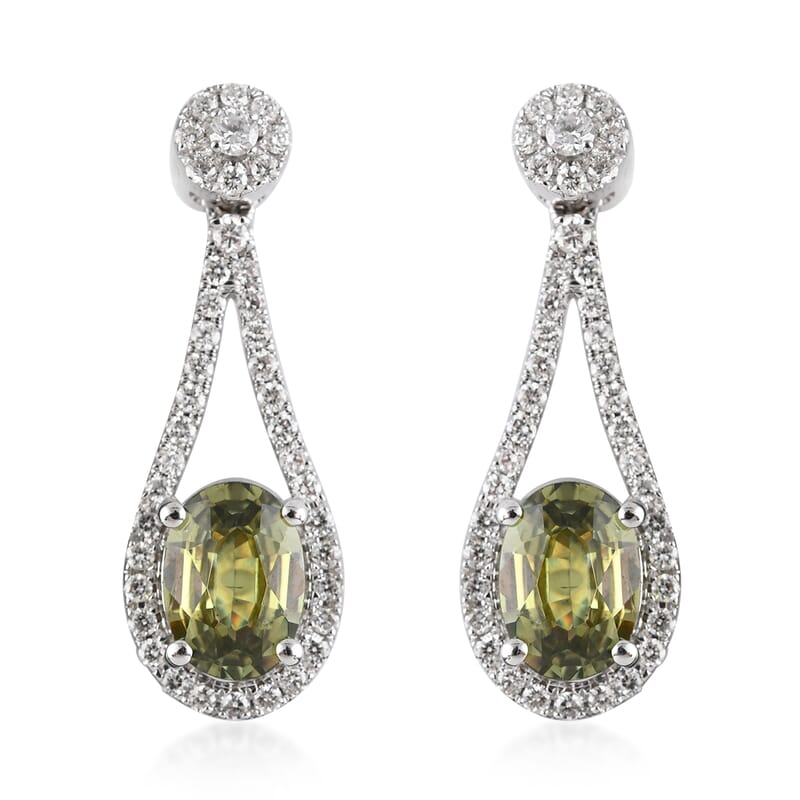 Iliana 18K White Gold AAA Ambanja Demantoid Garnet and G-H SI Diamond Dangle Earrings 2.35 ctw