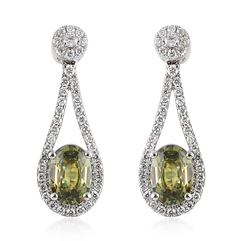 Iliana 18K White Gold AAA Ambanja Demantoid Garnet and G-H SI Diamond Dangle Earrings 2.35 ctw