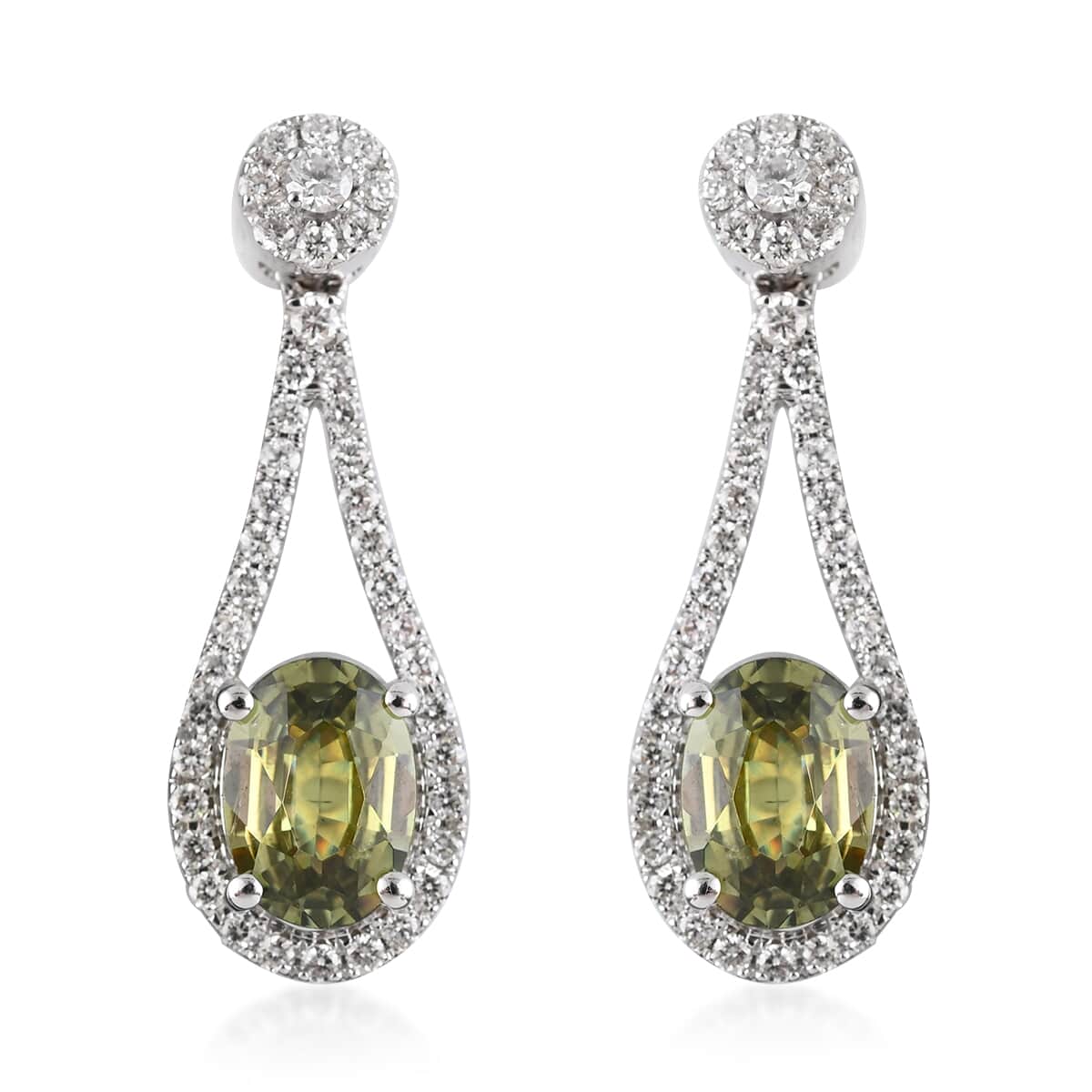 Iliana 18K White Gold AAA Ambanja Demantoid Garnet and G-H SI Diamond Dangle Earrings 2.35 ctw image number 0