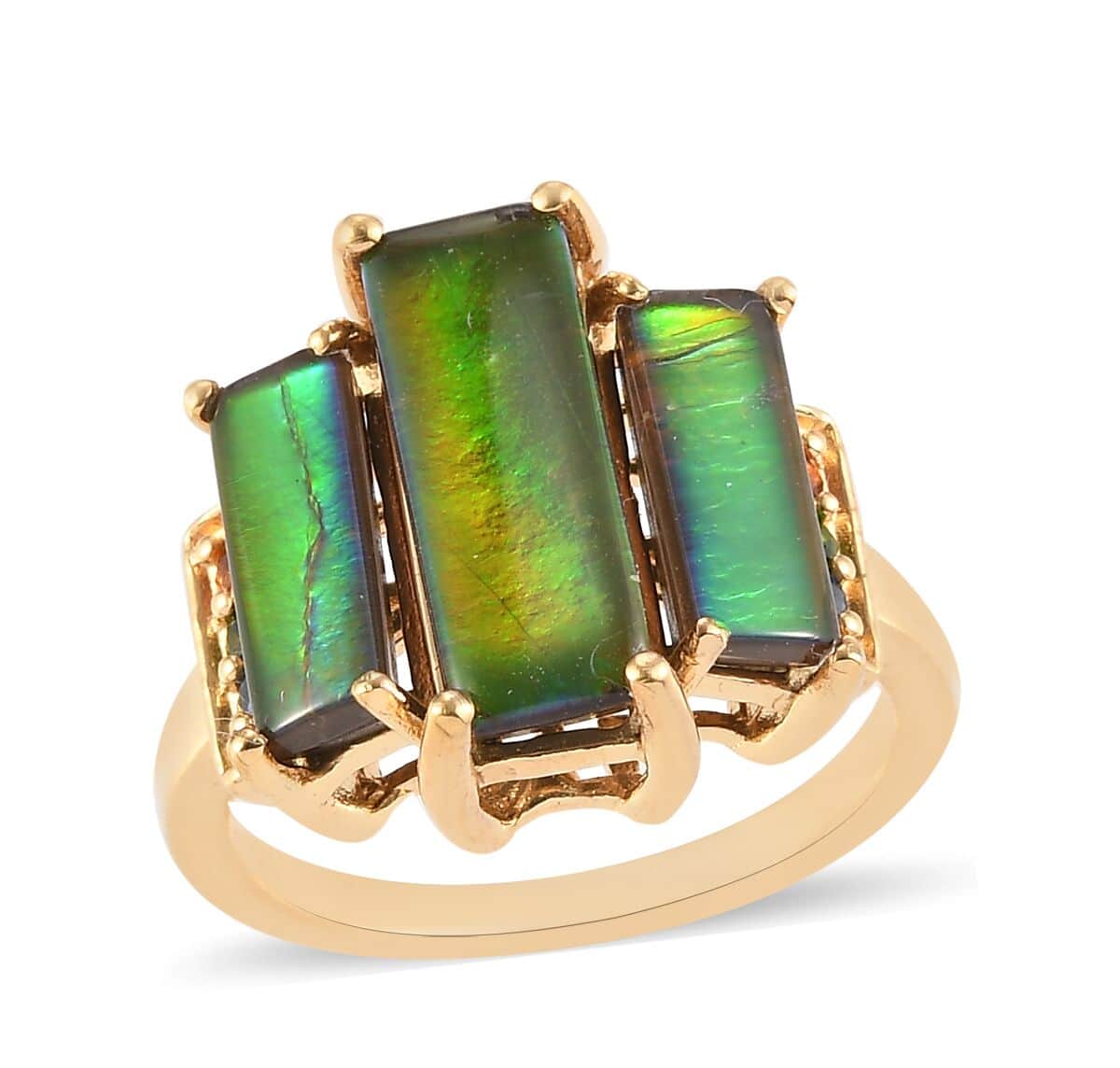 Canadian Ammolite and Multi Gemstone 3 Stone Ring in Vermeil Yellow Gold Over Sterling Silver (Size 7.0) 0.20 ctw image number 0