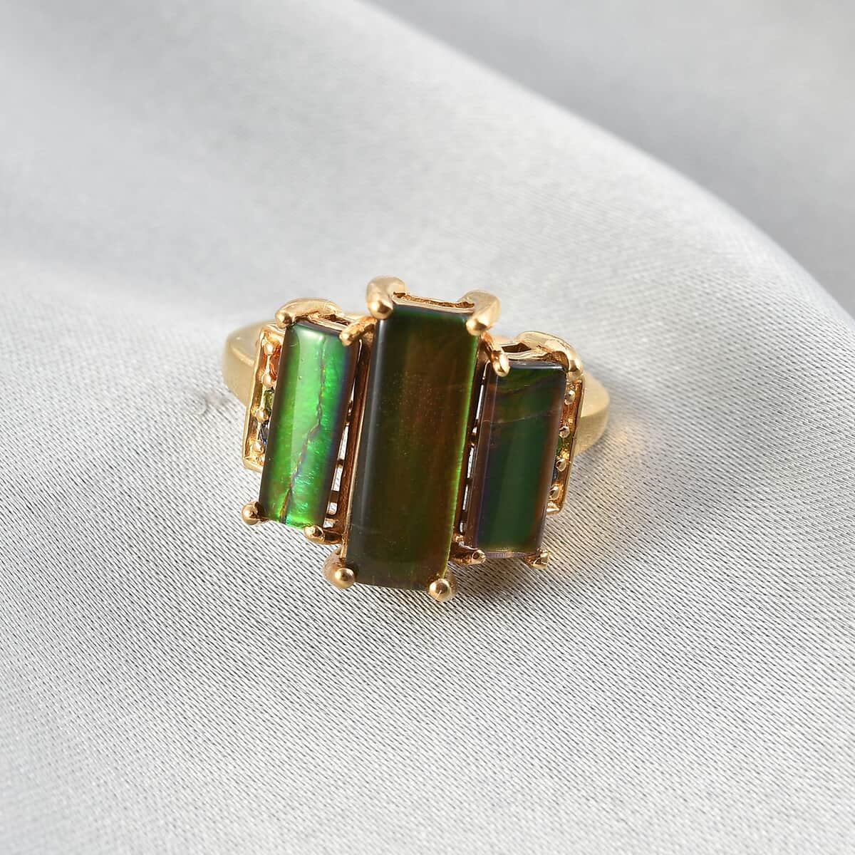 Canadian Ammolite and Multi Gemstone 3 Stone Ring in Vermeil Yellow Gold Over Sterling Silver (Size 7.0) 0.20 ctw image number 1