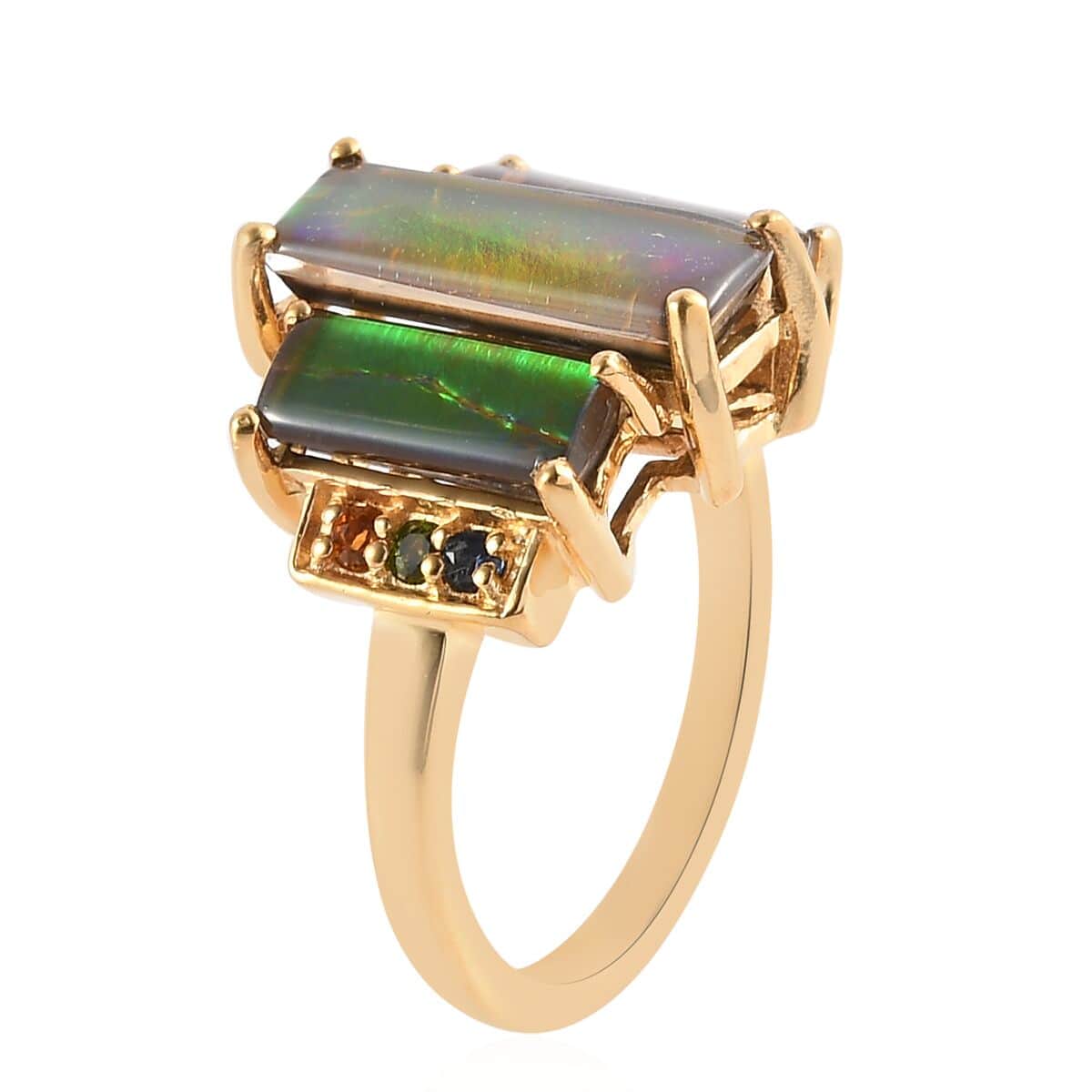Canadian Ammolite and Multi Gemstone 3 Stone Ring in Vermeil Yellow Gold Over Sterling Silver (Size 7.0) 0.20 ctw image number 3