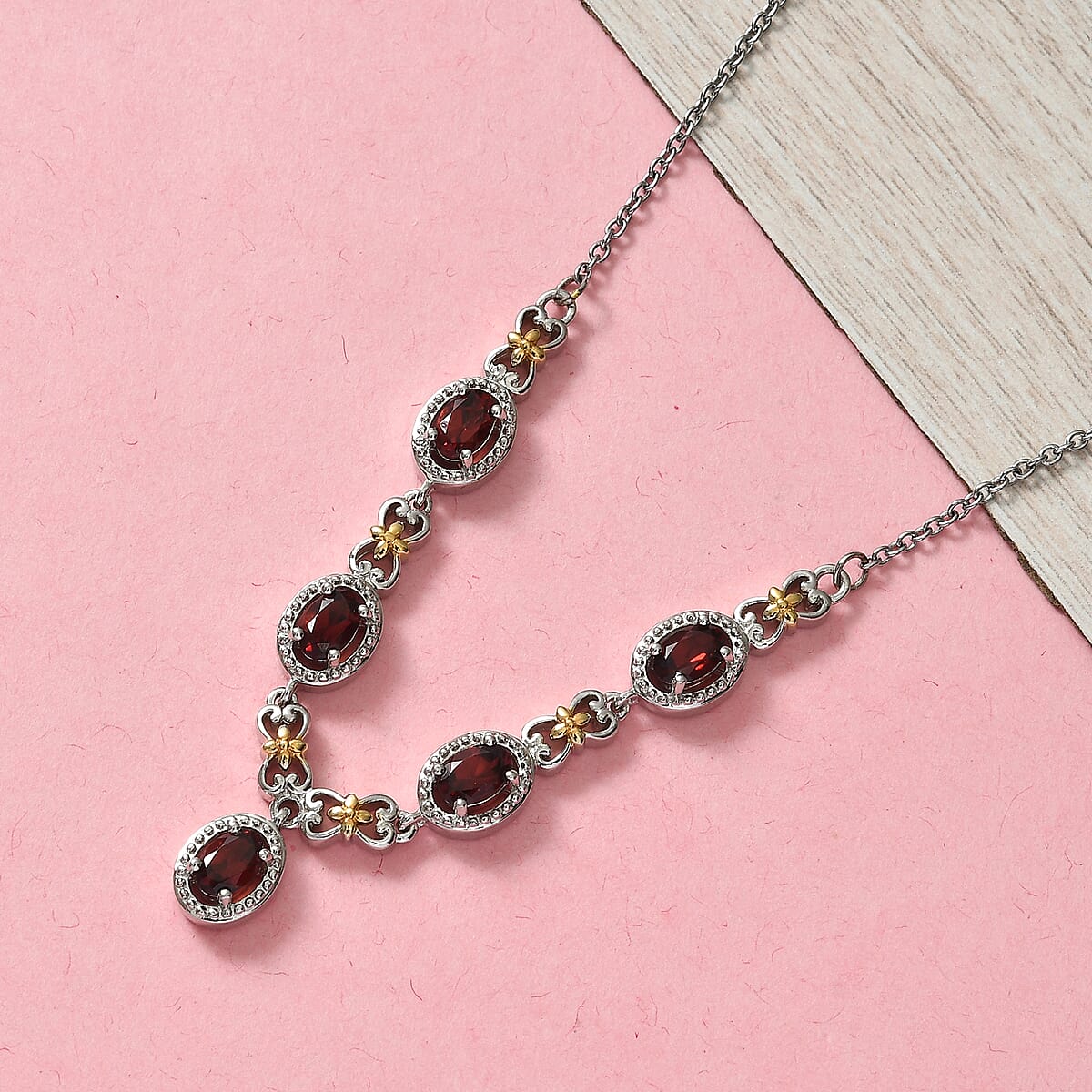 Karis Mozambique Garnet Necklace 18 Inches in Yellow Rhodium, Platinum Bond and Stainless Steel 2.85 ctw image number 1