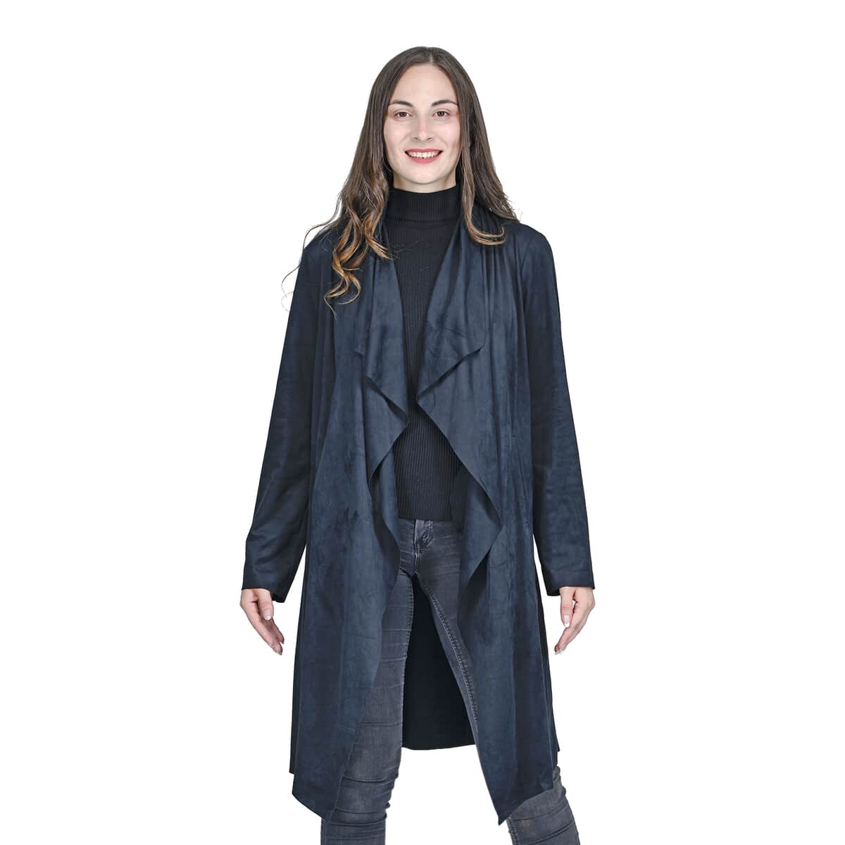 Passage Slate Black Faux Suede Long Waterfall Open Front Jacket For Ladies - S , Jacket for Women , Long Coat Jacket for Women , Womens Coats image number 0