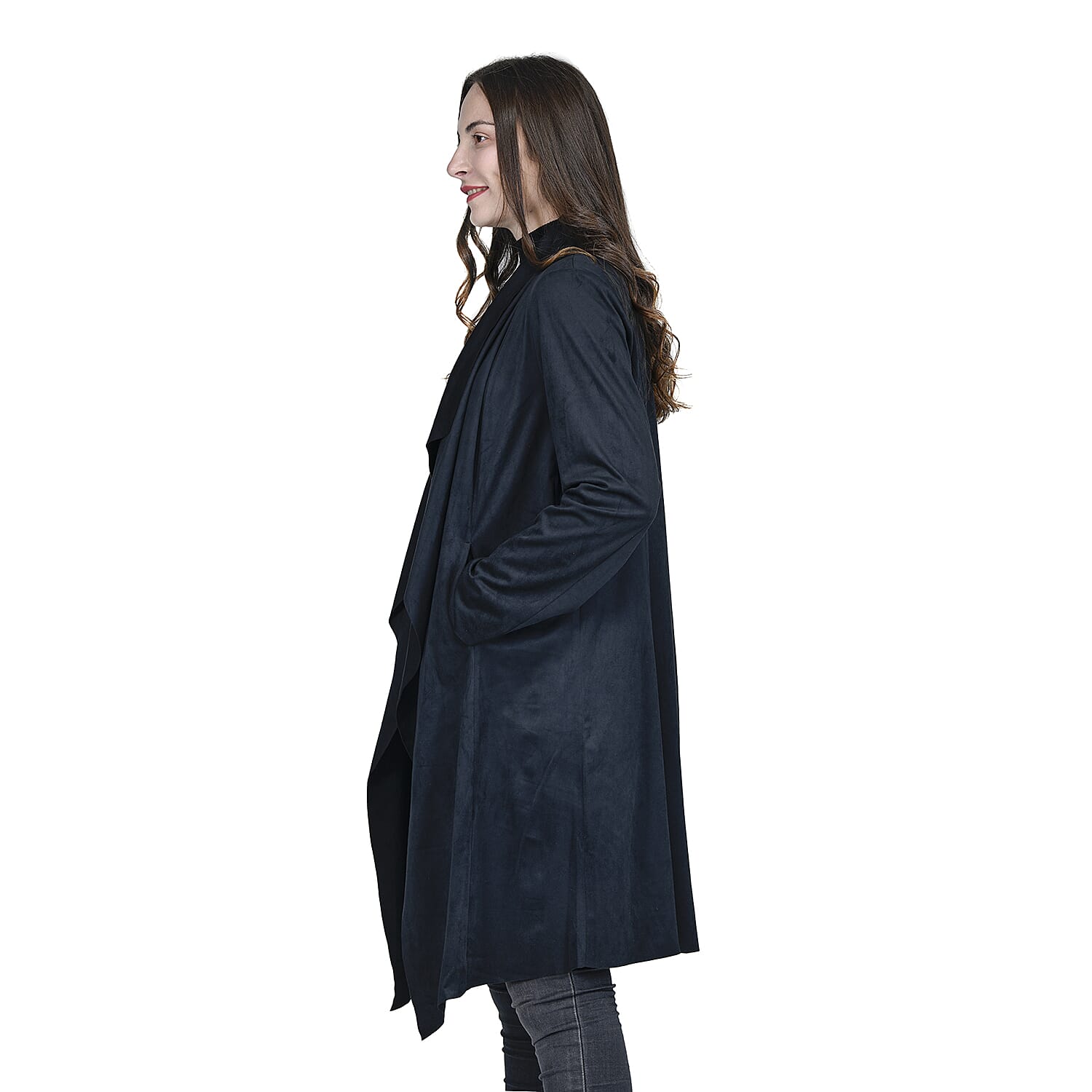 Passage Slate Black Faux Suede Long Waterfall Open Front Jacket For Ladies - S , Jacket for Women , Long Coat Jacket for Women , Womens Coats