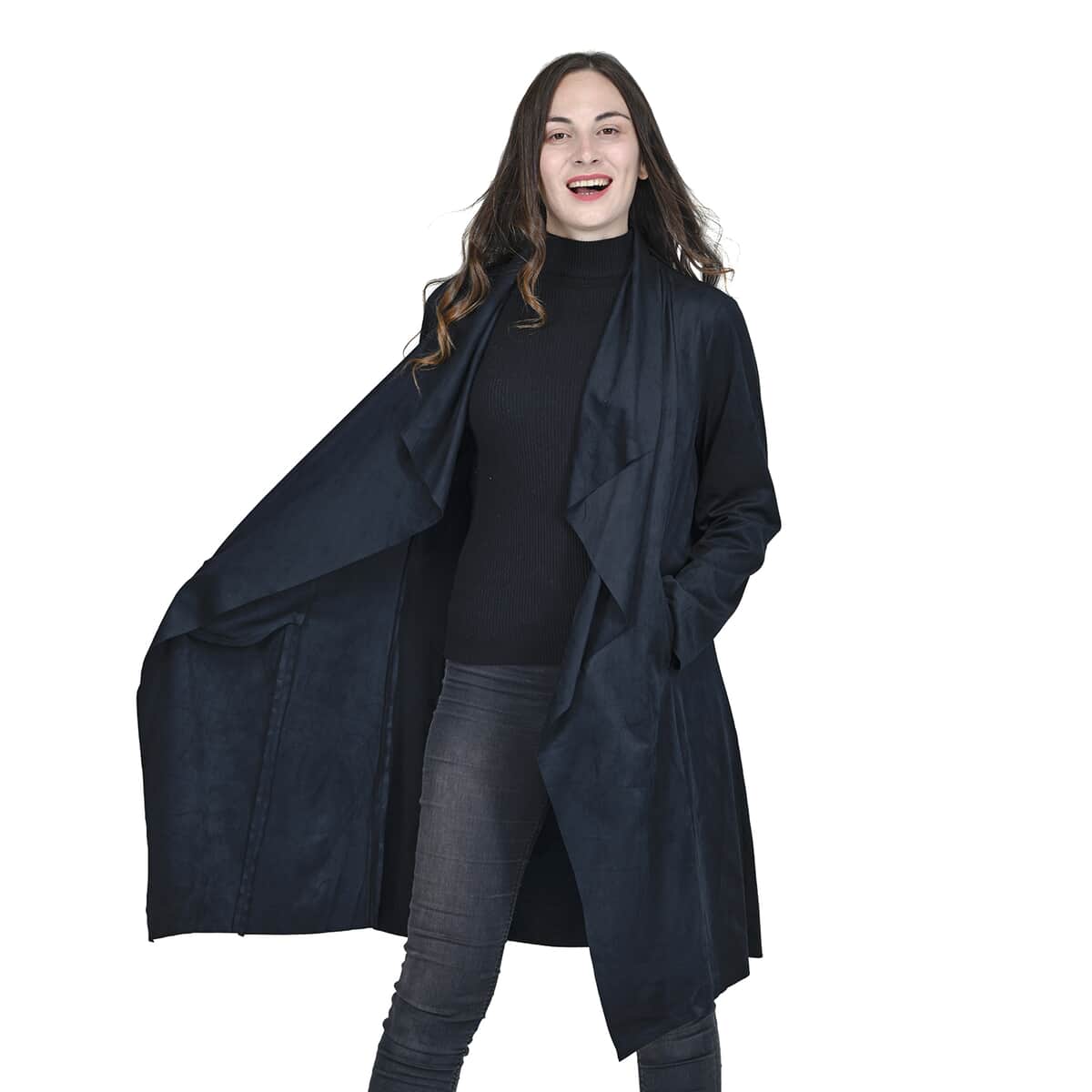 Passage Slate Black Faux Suede Long Waterfall Open Front Jacket For Ladies - S , Jacket for Women , Long Coat Jacket for Women , Womens Coats image number 3