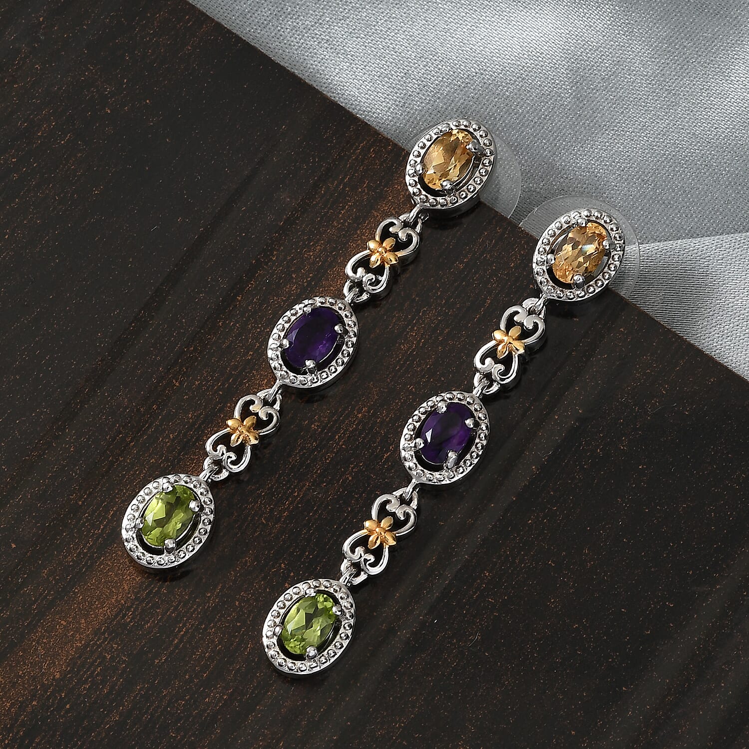 Karis Multi Gemstone Dangle Earrings in Yellow Rhodium and Platinum Bond 2.65 ctw