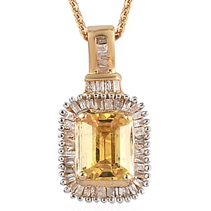 Premium Yellow Sapphire and Diamond Halo Pendant Necklace 20 Inches in Vermeil Yellow Gold Over Sterling Silver 1.50 ctw